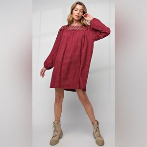 Elegant Gingham Red Lace Detail Dress 238